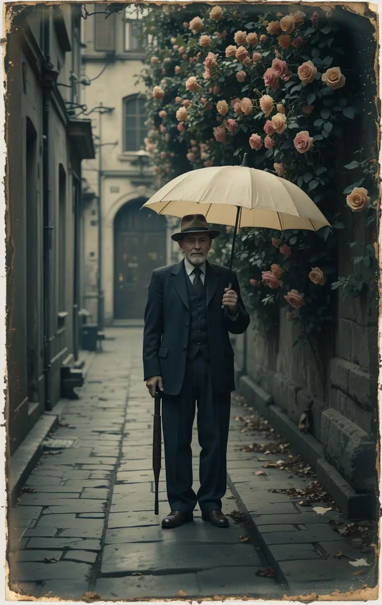 Old man with umbrella walking through rose covered alley