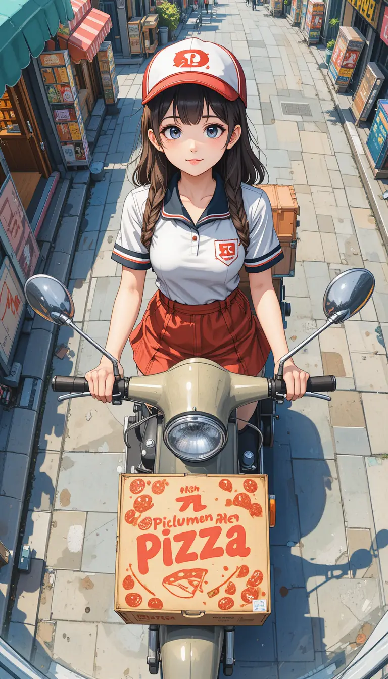 Cute anime pizza delivery girl on city street scooter