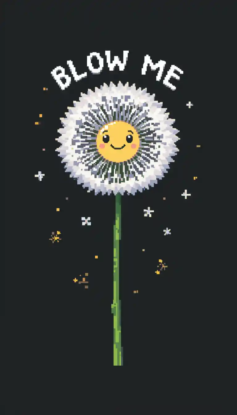Pixel art dandelion flower with smiling face on black background