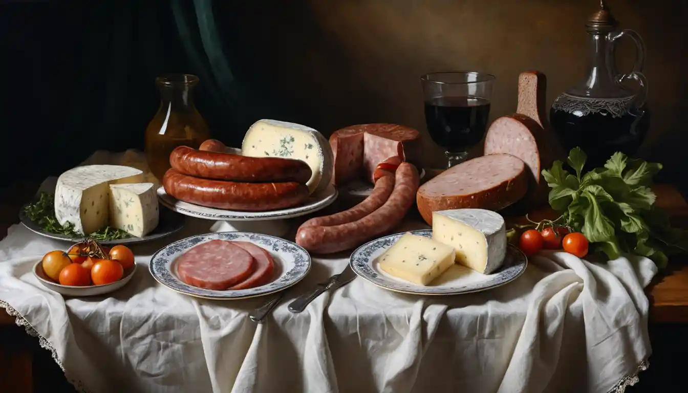 Dark Dutch style still life of cheeses and ham