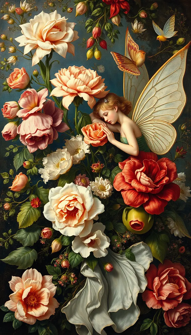 Fantasy fairies and flowers in ornate art nouveau painting