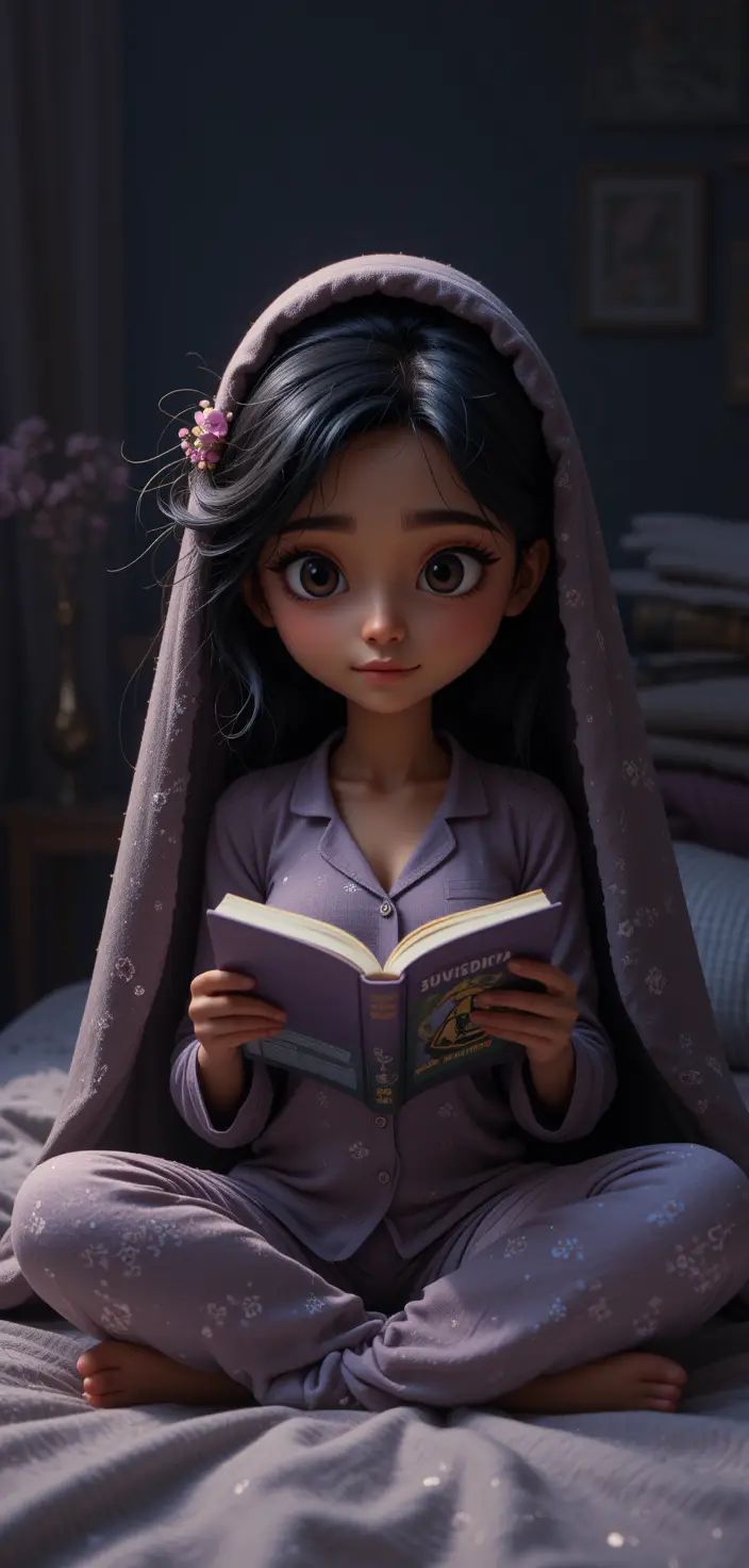 Indian girl reading under a blanket in dark bedroom