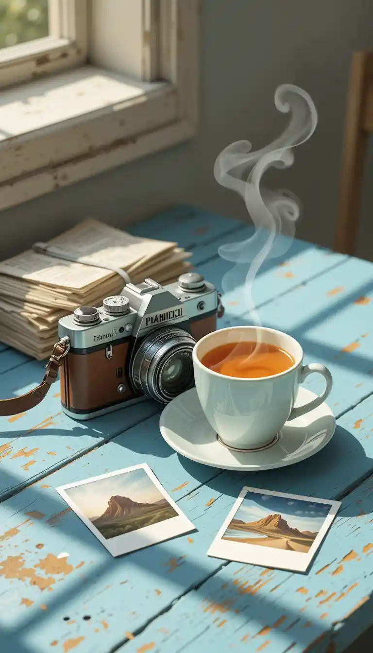 Vintage camera and tea on rustic blue wooden table
