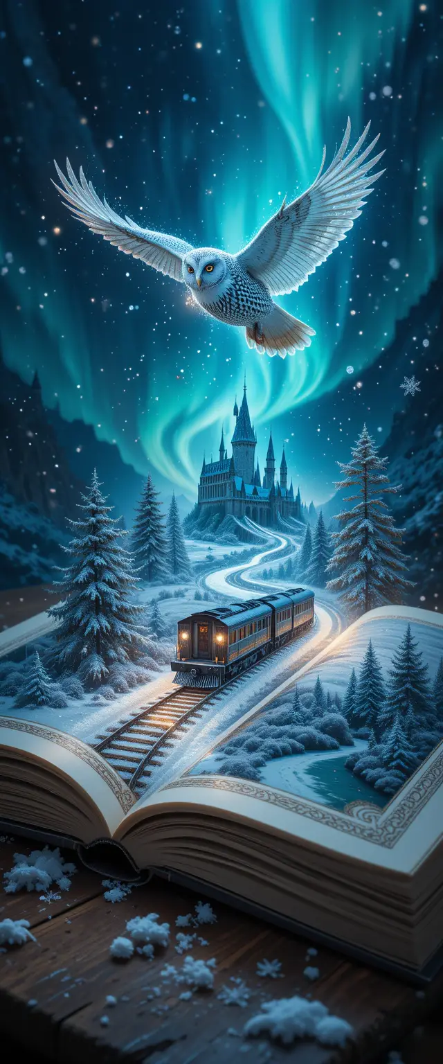 Double exposure fantasy book with owl and winter train