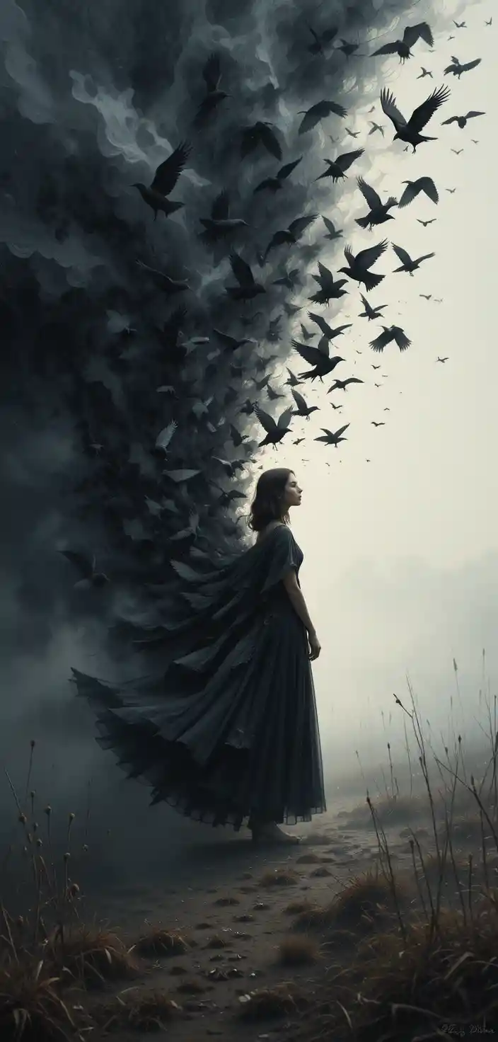 Woman In Black Dress Among Crows In A Dead Field