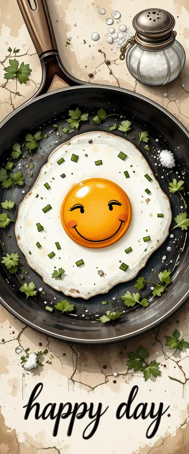Smiling sunny side up egg in rustic watercolor skillet