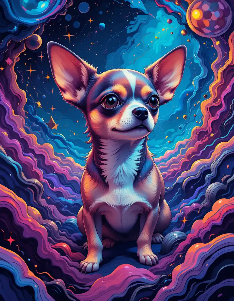 Chihuahua floating in outer space with psychedelic colors