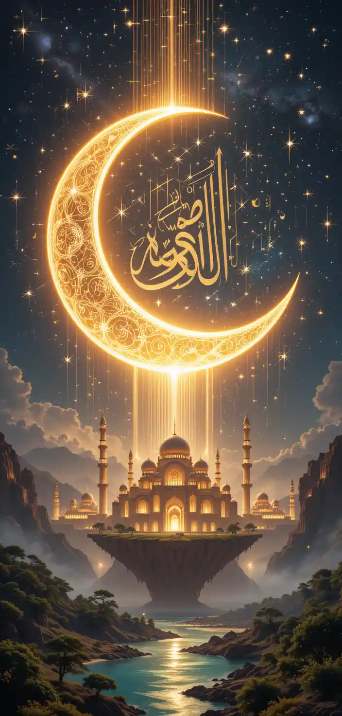 Celestial Ramadan lantern above futuristic crystal mosques