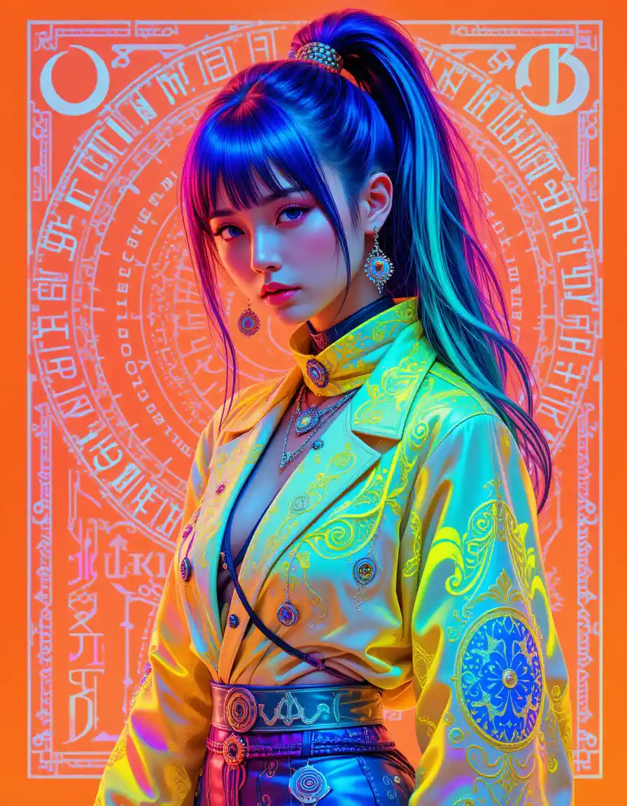 Futuristic fashion portrait of a neon haired woman