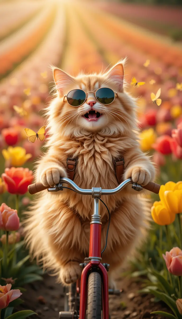 Gato esponjoso con gafas de sol en bicicleta por un colorido campo de tulipanes