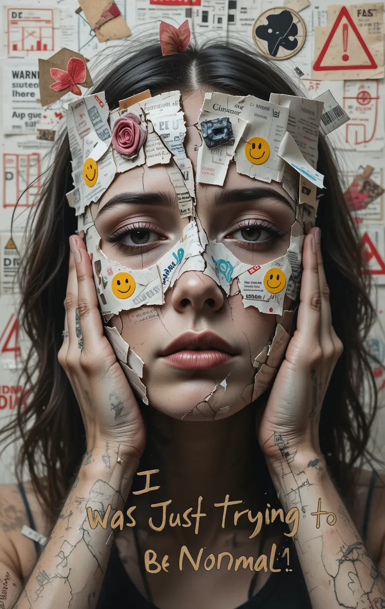 Surreal collage portrait with cracked paper mask and tired face
