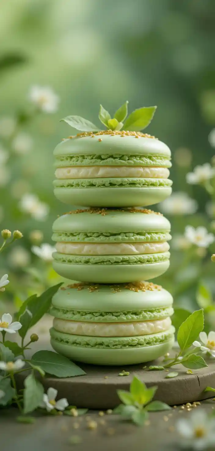Pastel green macarons with gold details in garden setting
