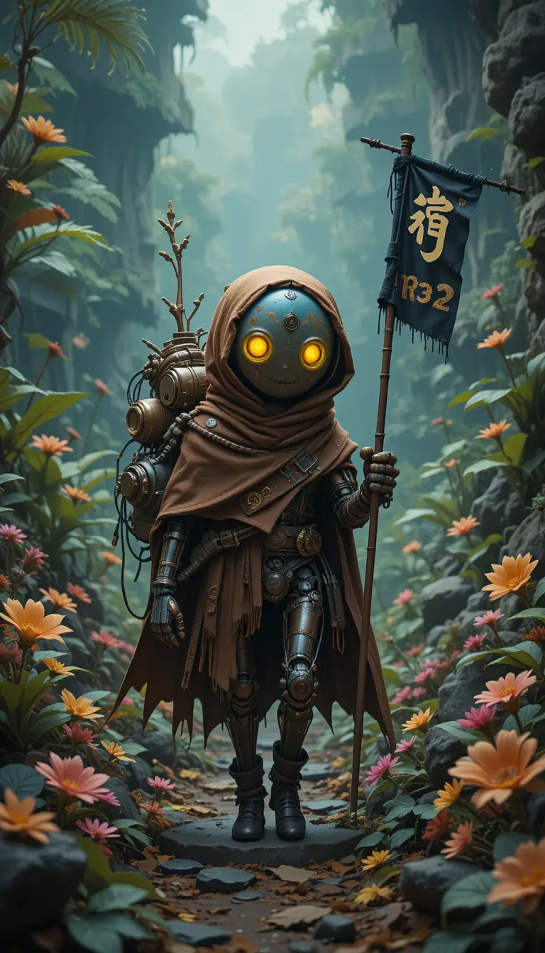 Small cloaked robot walking through a tropical forest