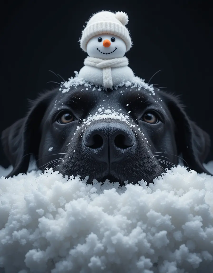 Black dog resting in snow with tiny snowman on head