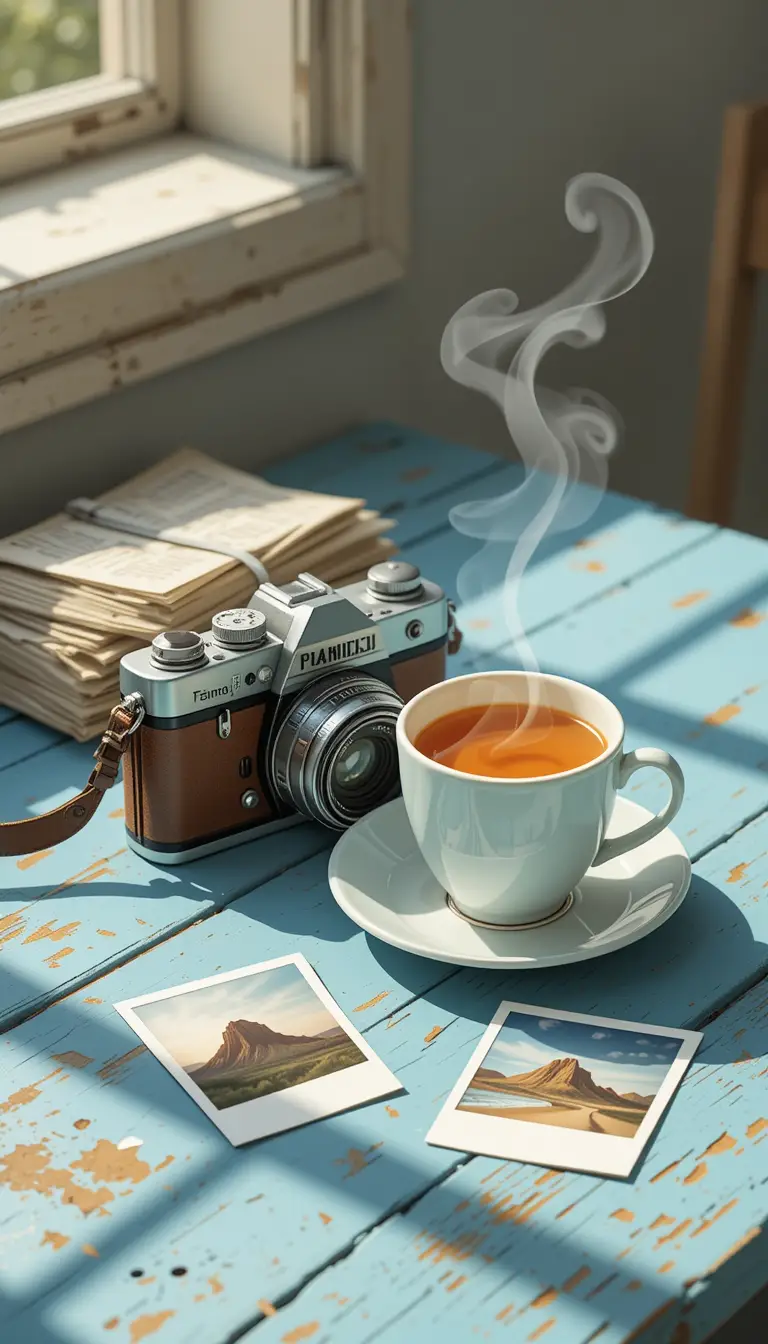 Vintage camera and tea on rustic blue wooden table