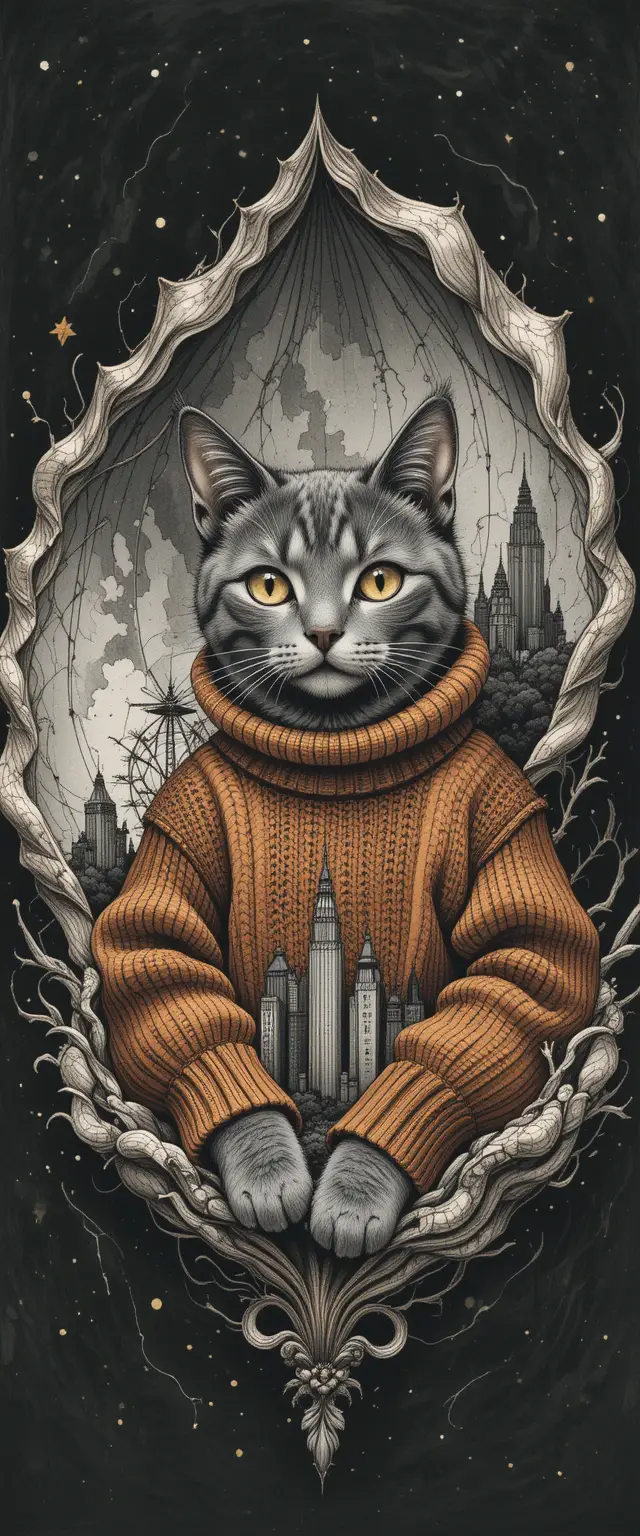Gray tabby cat in knitted sweater within spiral city shell
