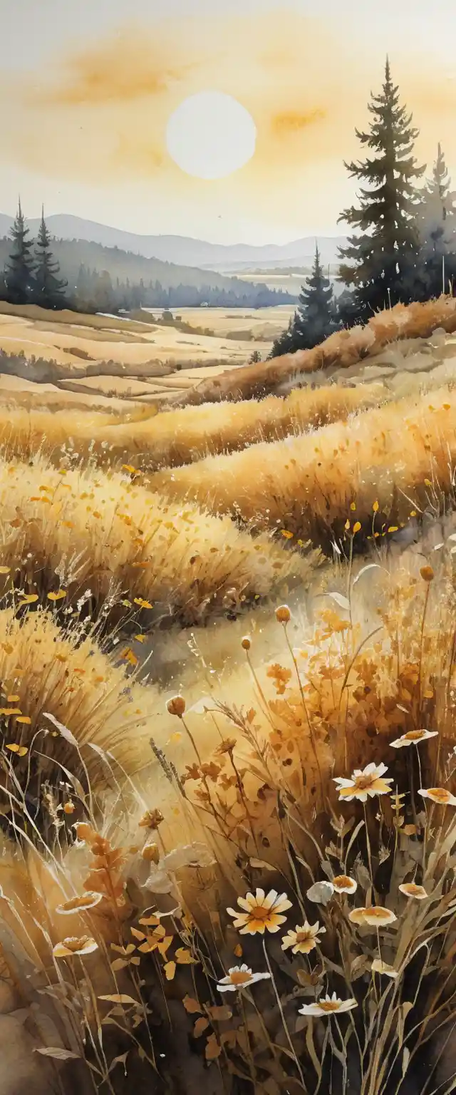 Aquarellwiese mit goldenen Wildblumen im sanften Herbstlicht