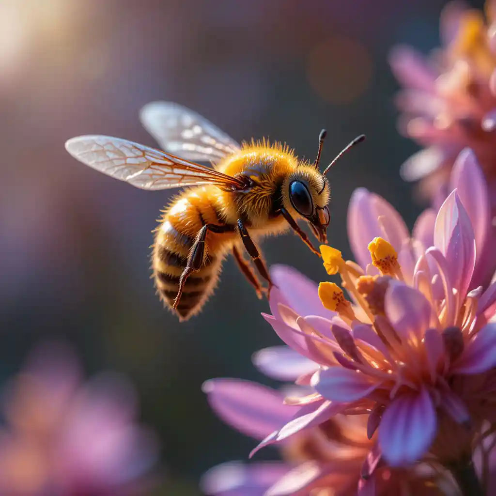 Dreamy macro view of a bee and glowing flowers
