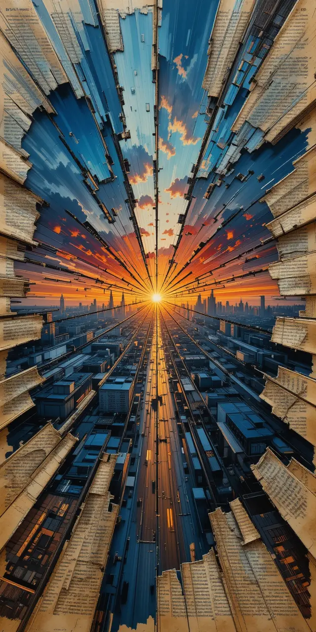 Sunset cityscape painting with dynamic broken perspective