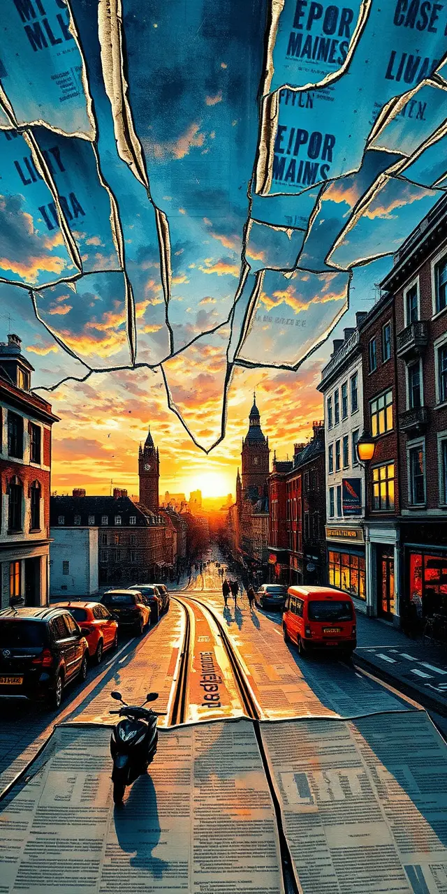 Dynamic mixed media cityscape exploding across vintage paper