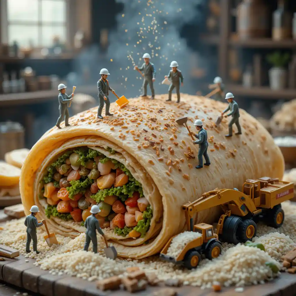 Tiny workers building a giant vegetable roti wrap