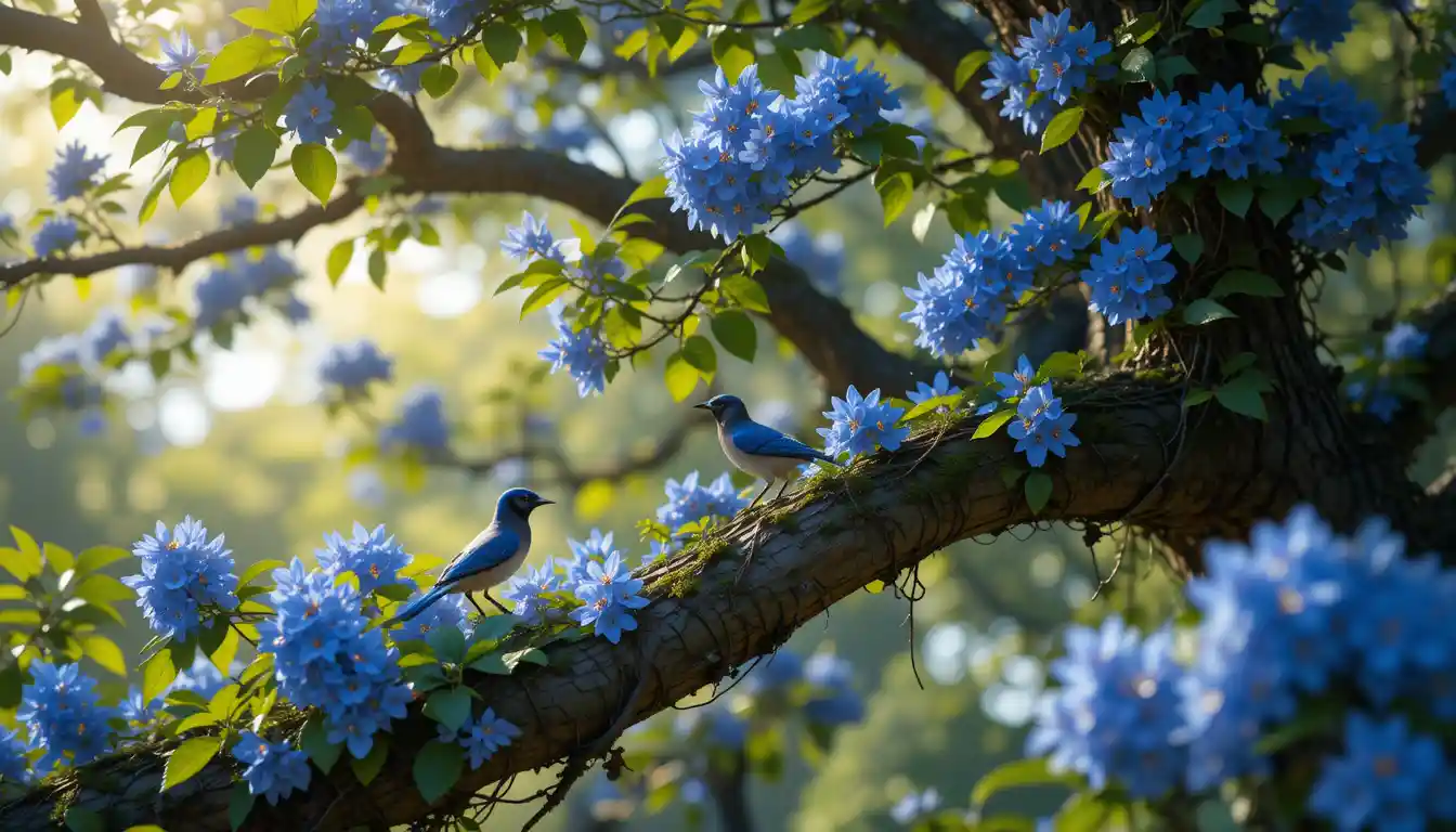 Blue Flowering Tree With Jays In Sunlit Foliage