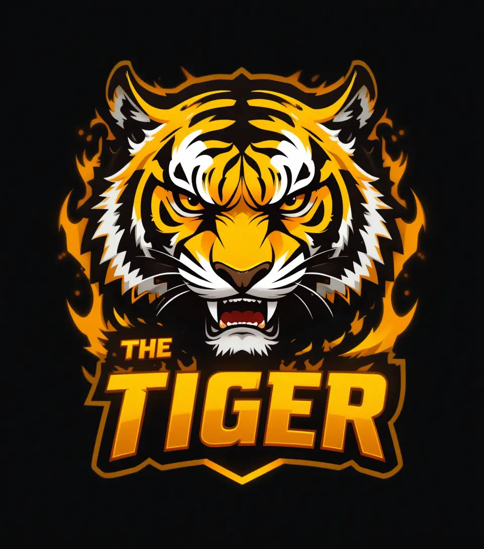 Aggressive tiger esports mascot logo with bold flames
