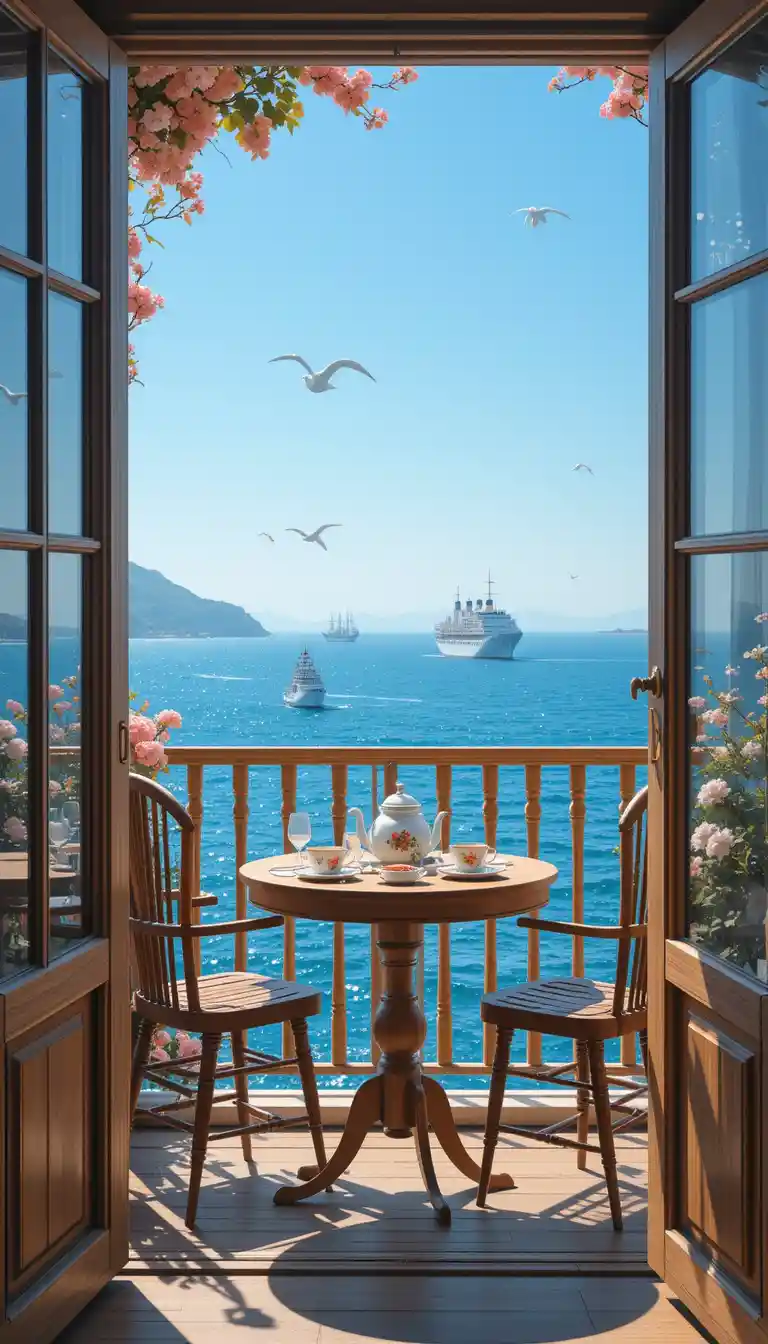 Sea view balcony with afternoon tea and wooden chairs