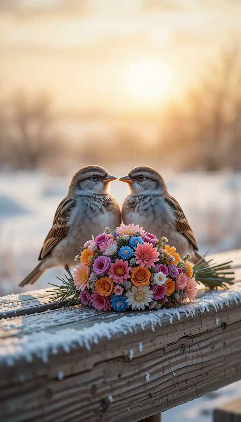 Two sparrows on a frosty bench at sunrise