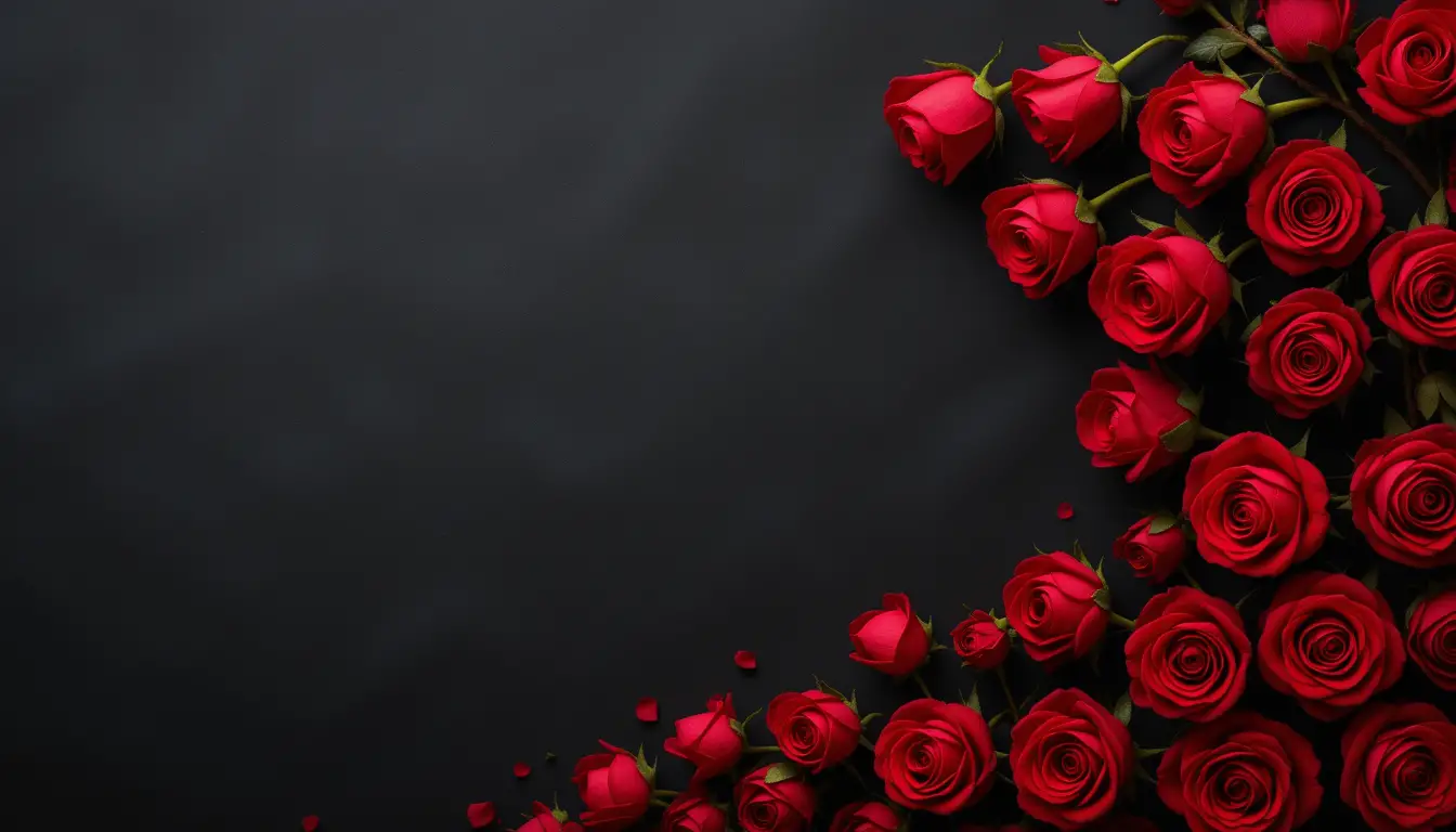 Red rose bouquets arranged diagonally on black background