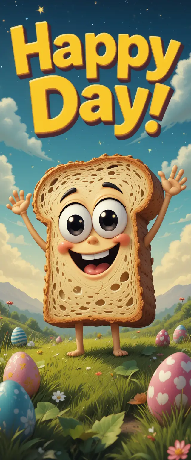 Cartoon bread character celebrating under happy day text