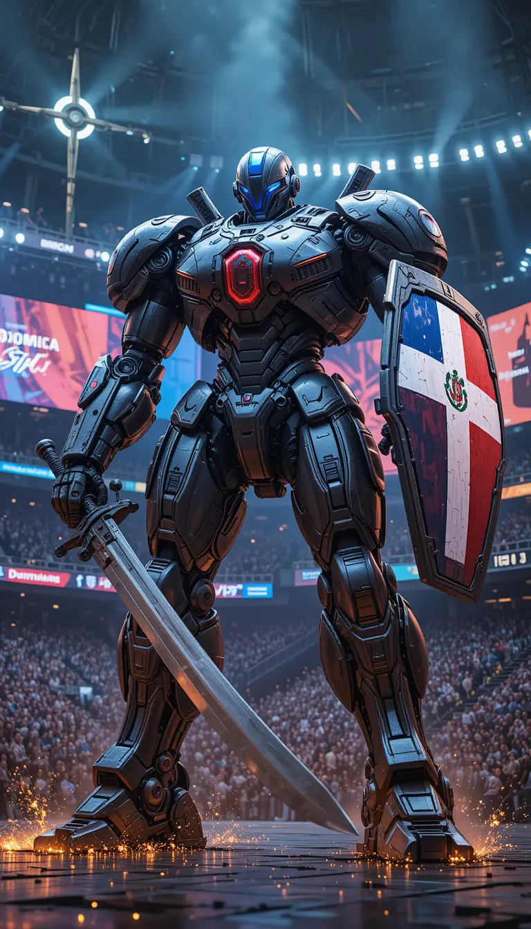 Armored mecha champion in a futuristic neon battle arena