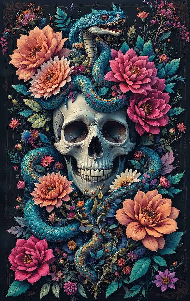 Skull And Snake With Floral Decor Fantasy Illustration