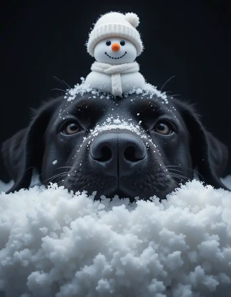 Black dog resting in snow with tiny snowman on head