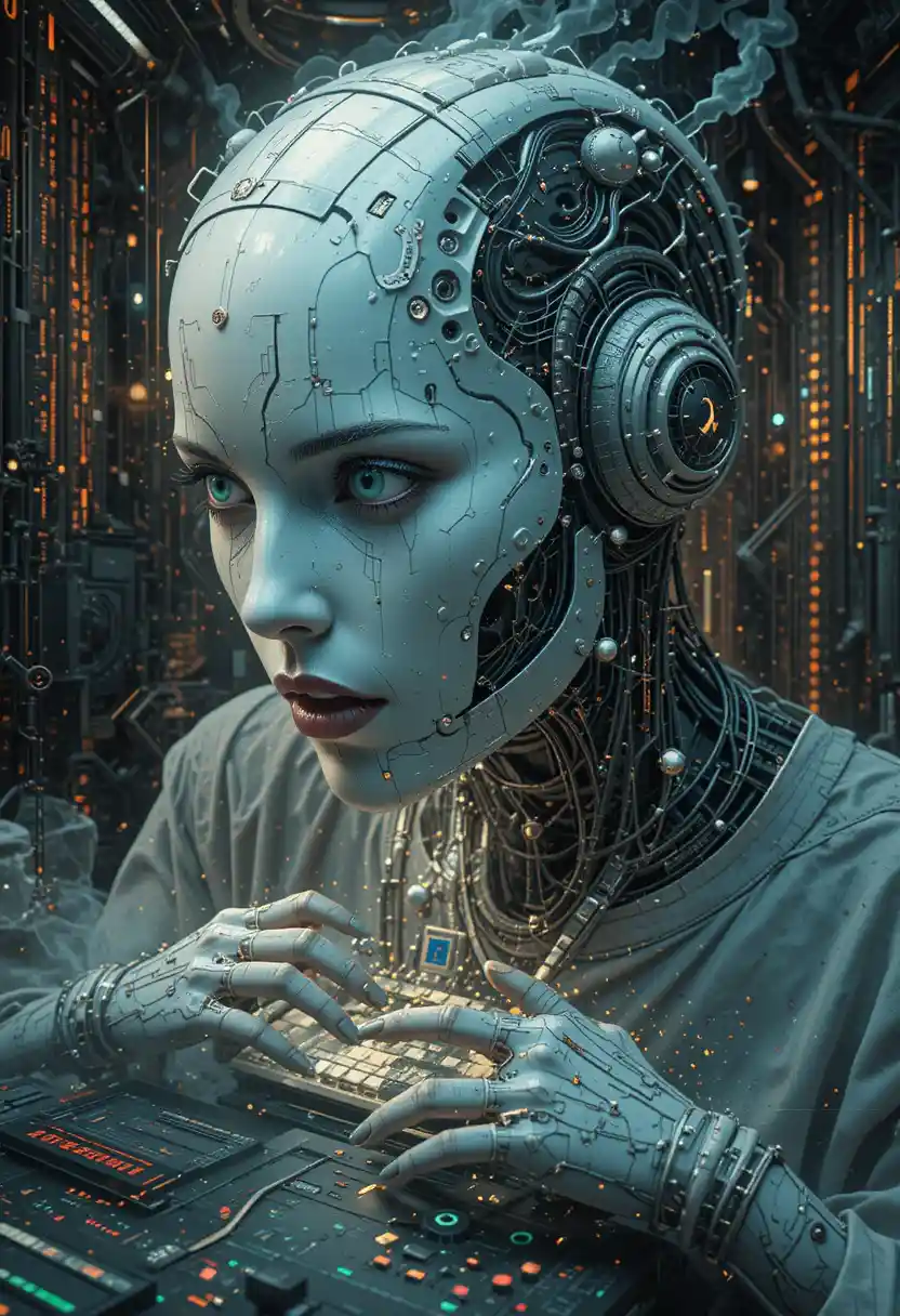 Surreal robotic human face rising from futuristic table