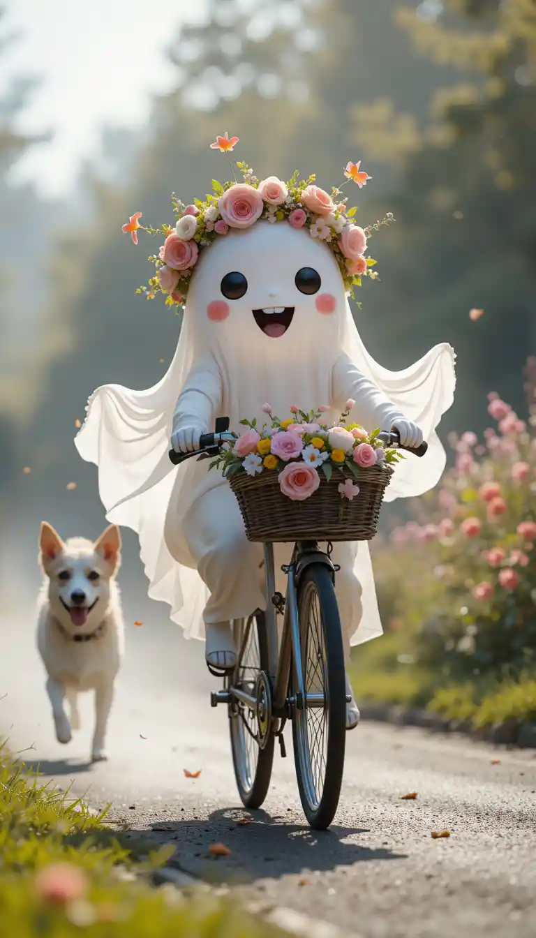 Cute ghost on a bike with dog on sunny country road