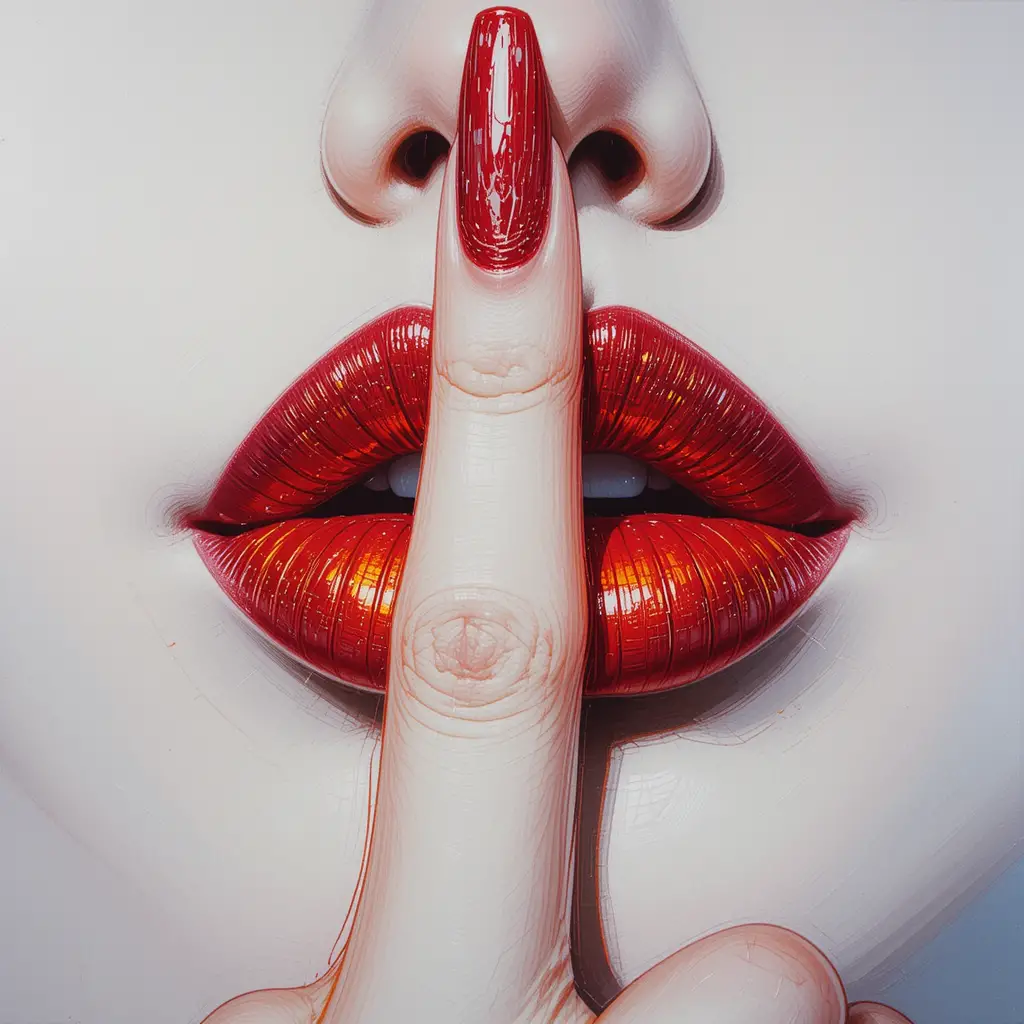 Glittering red lips with finger gesture of silence