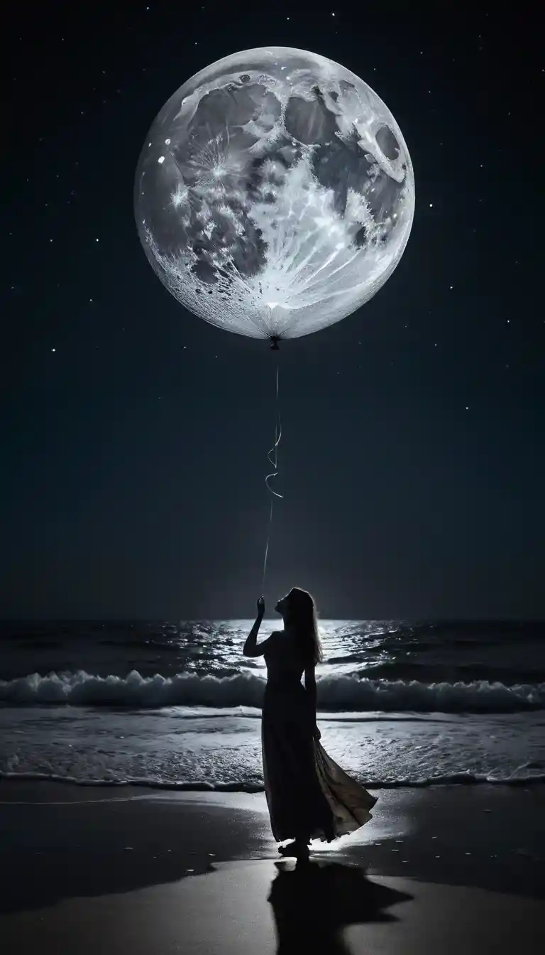 Young woman holding a moon balloon on the shore