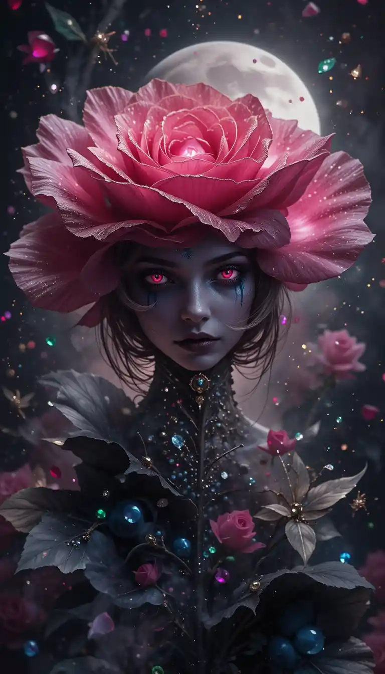Mysterious vampire figure within dark rose double exposure