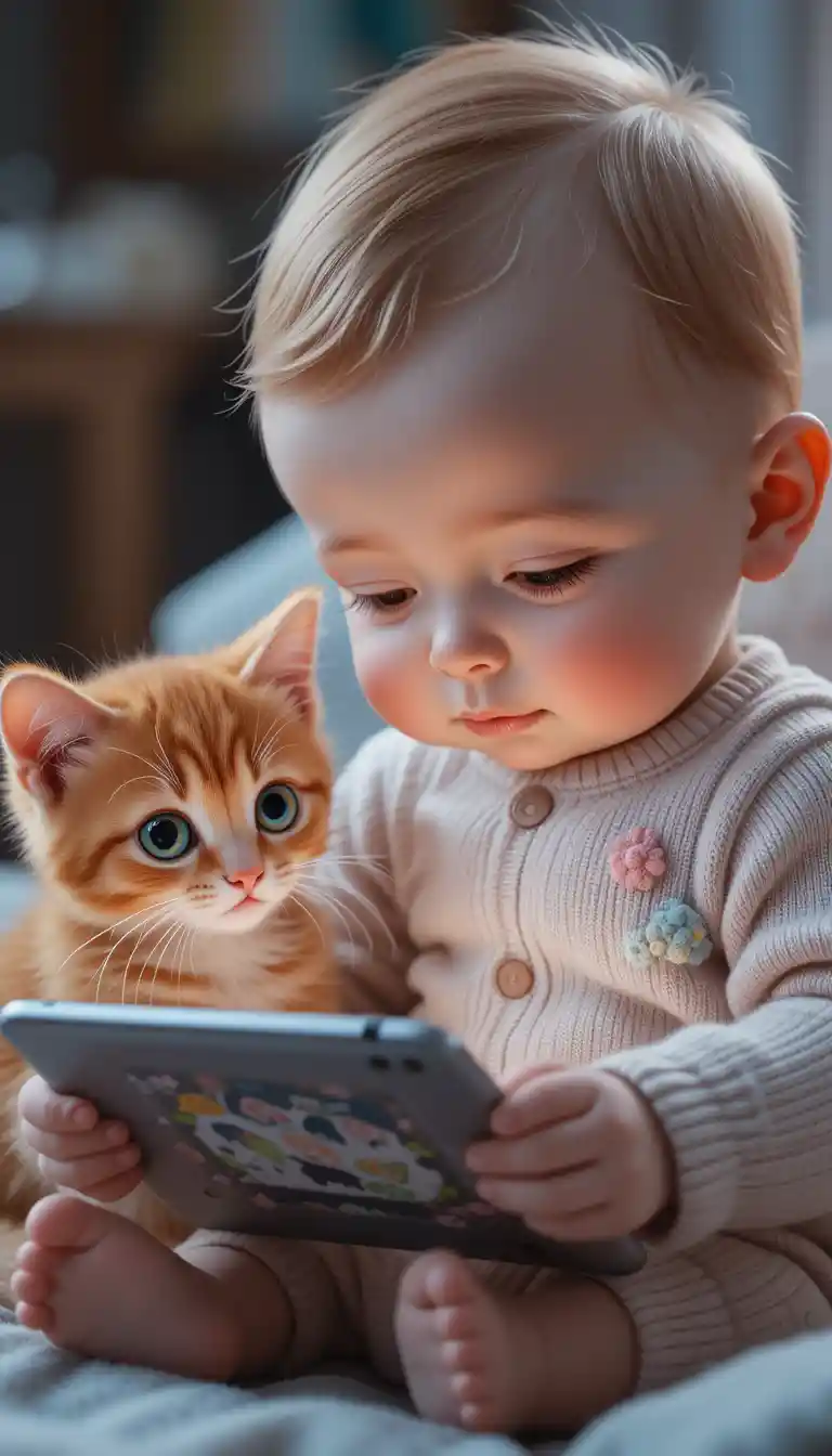 光るタブレットを見つめる子猫とバイエルンのかわいい赤ちゃん