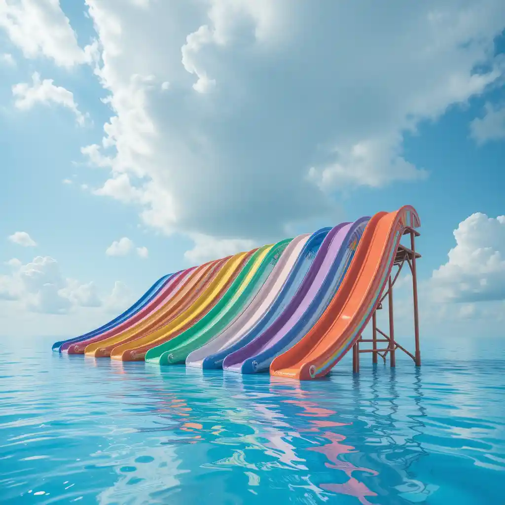 Rainbow colored slides reflected on a wet playground floor
