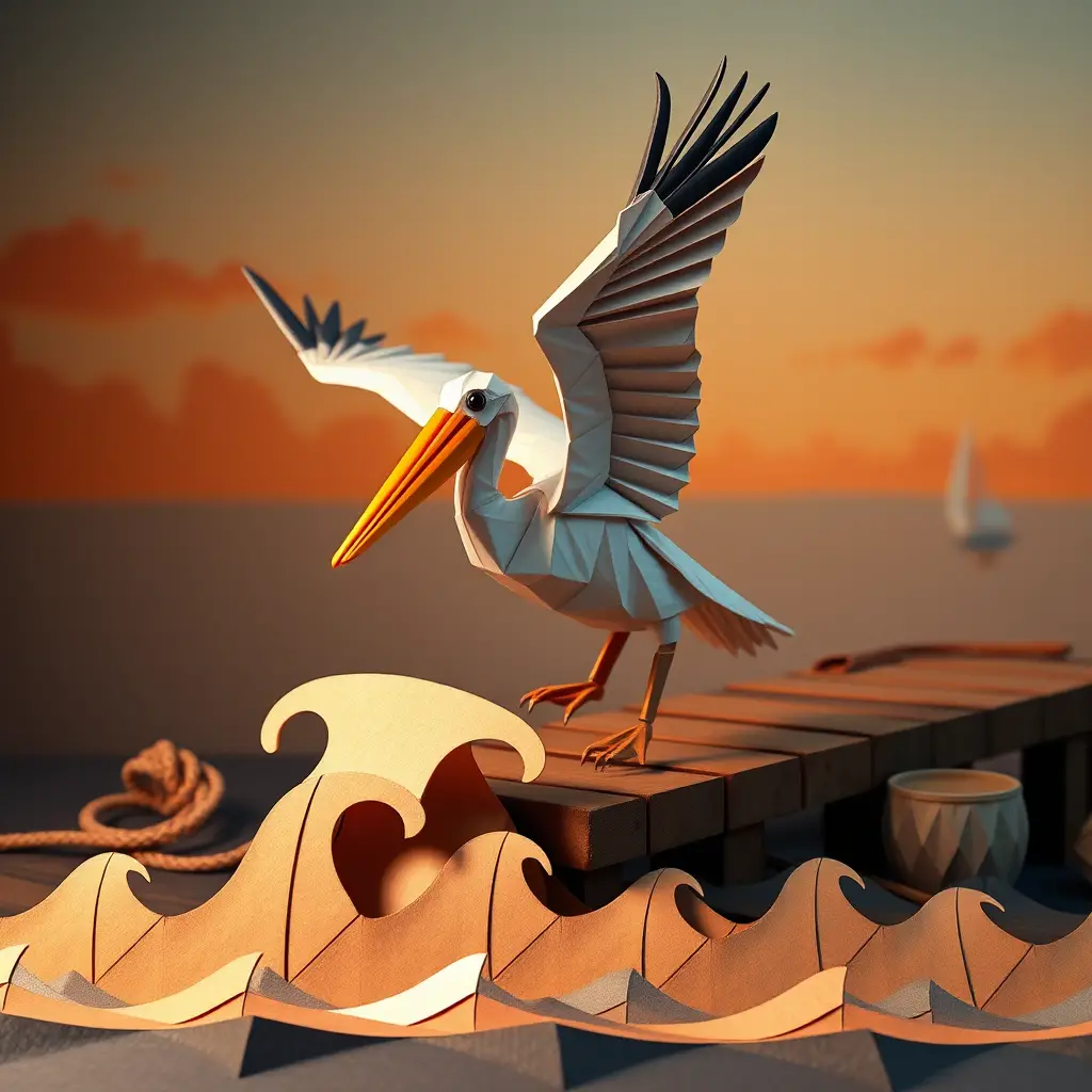 Origami pelican landing on a wooden dock at waterfront