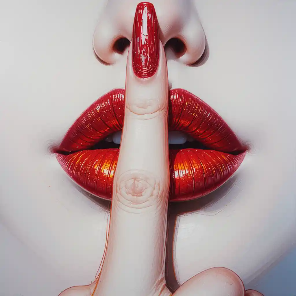Glittering red lips with finger gesture of silence
