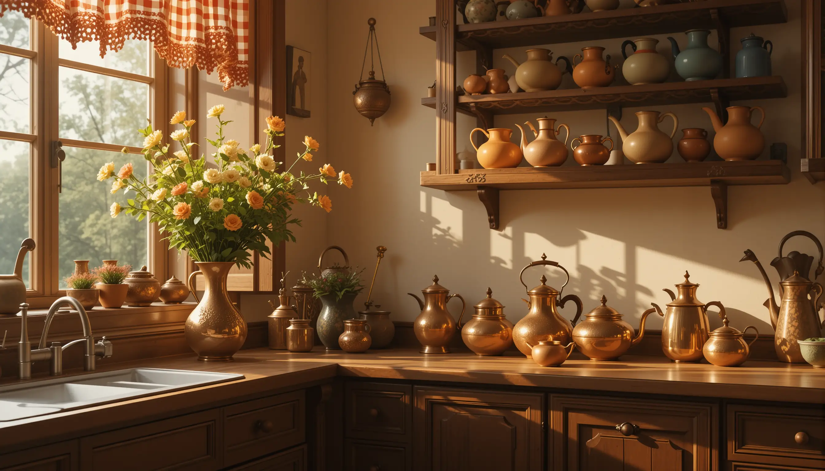 Sunlit rustic kitchen with copper teapots and carved cabinet