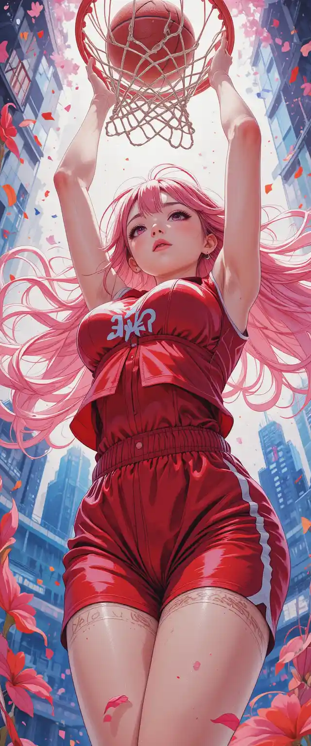 Anime girl dunking a basketball in dynamic low angle view
