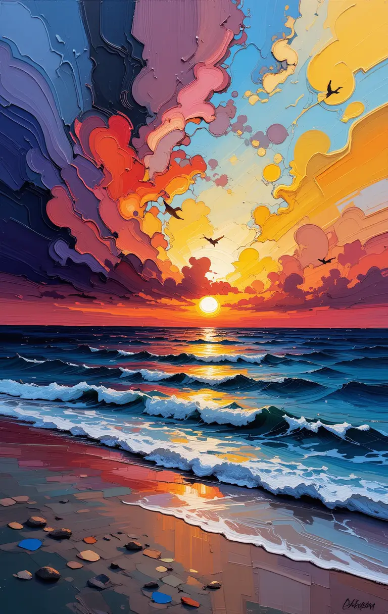Abstract oil painting of a vivid sea sunset