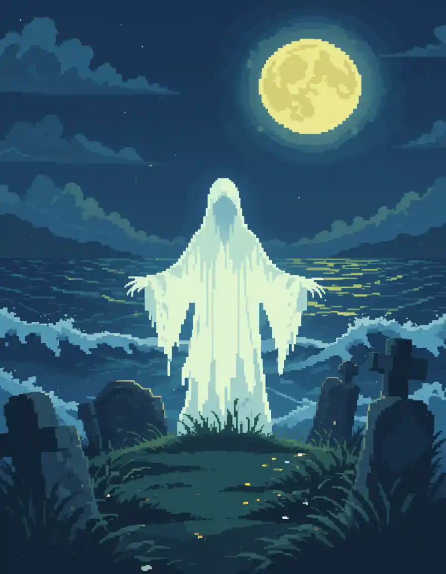 Fantasma in pixel art sopra le tombe in un cimitero infestato