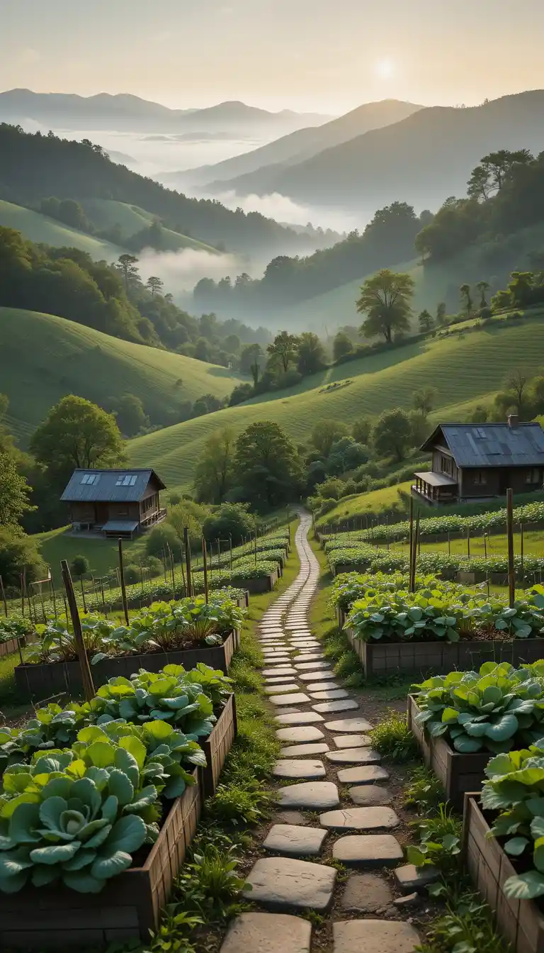 Peaceful rural valley landscape at sunrise with mist