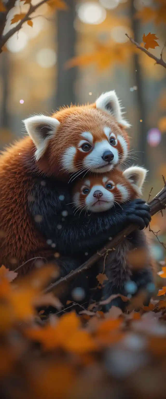 Cría de panda rojo acurrucada en bosque otoñal