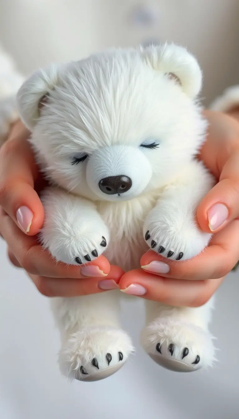 Sleeping polar bear cub cradled gently in human hands
